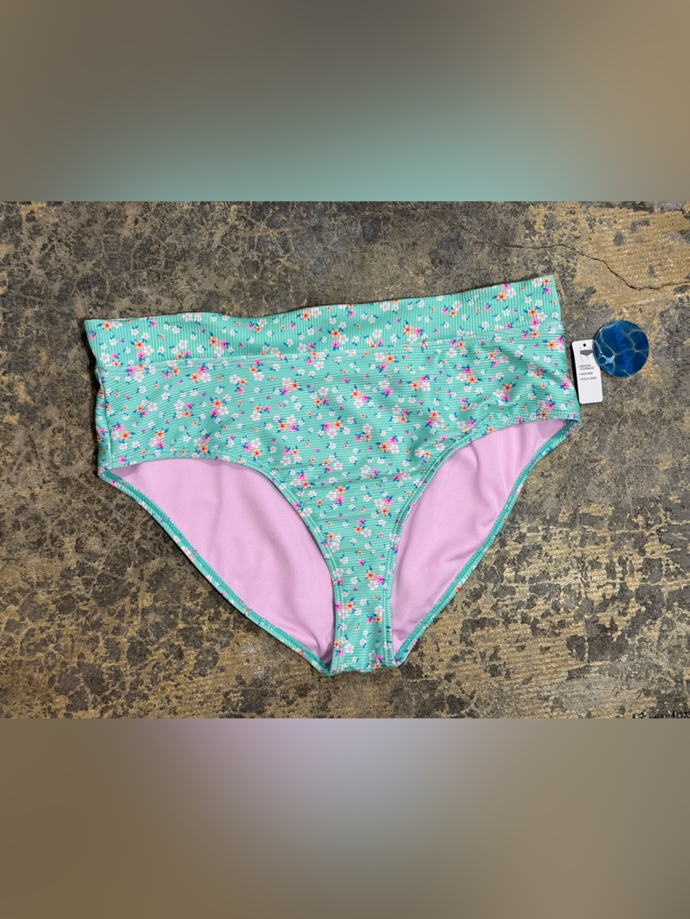 Decree Womens XL High Rise Medium Coverage Lined Green Floral Bikini Bottoms NWT